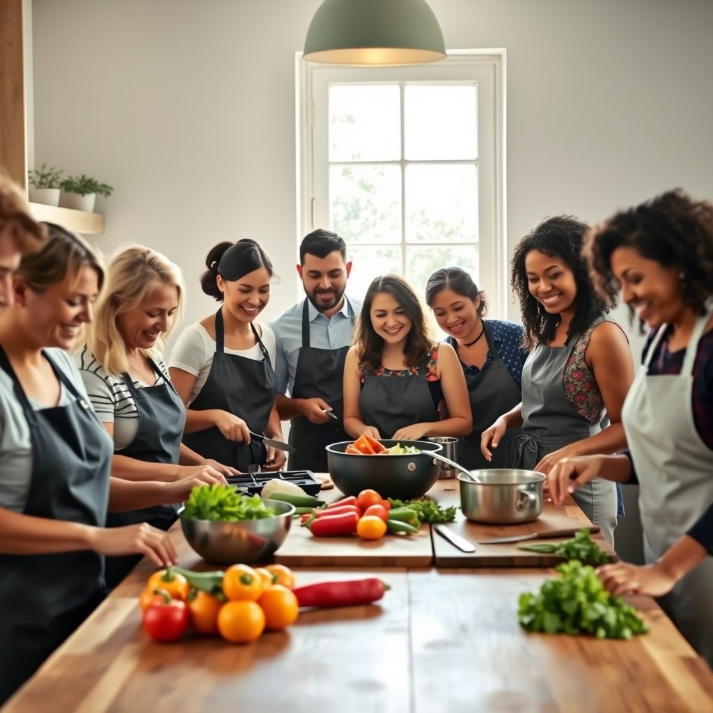 A vibrant cooking class in action