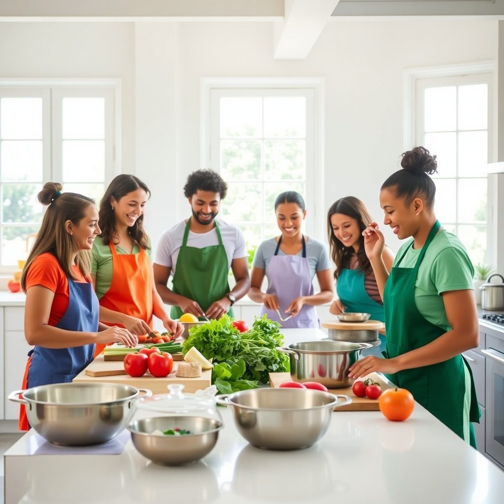 A beginner cooking class in action